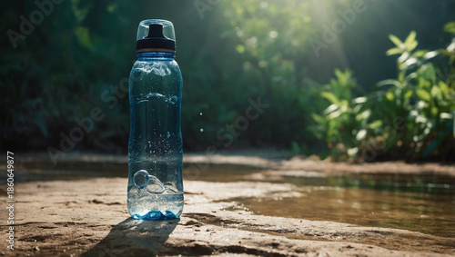 Reusable Water Bottle Placed by a Forest Stream, Pure Drinking Water and Eco-Friendly Travel Concept