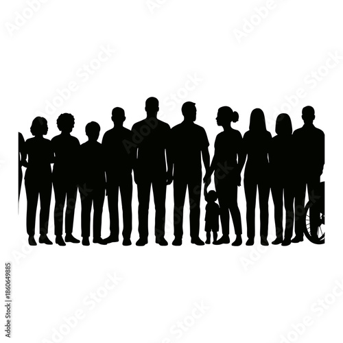 Silhouette of a Diverse Group of People Standing in a Row Symbolizing Community and Unity