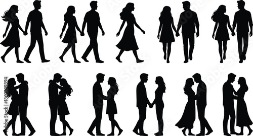 Romantic couple silhouettes holding hands and embracing, men and women in love poses, relationship lifestyle illustration set isolated on white background