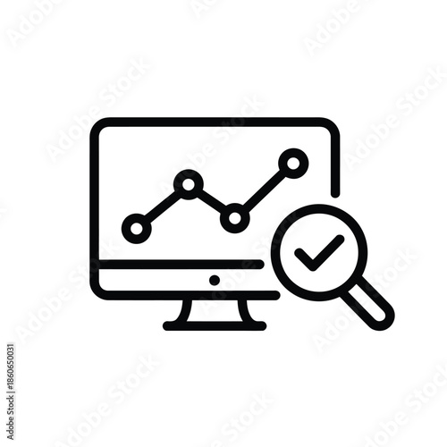 Computer monitor displaying a line graph with a magnifying glass and checkmark, symbolizing data analysis and successful review.