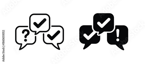 Vector illustration of speech bubbles with question, check, and exclamation marks for communication and feedback.