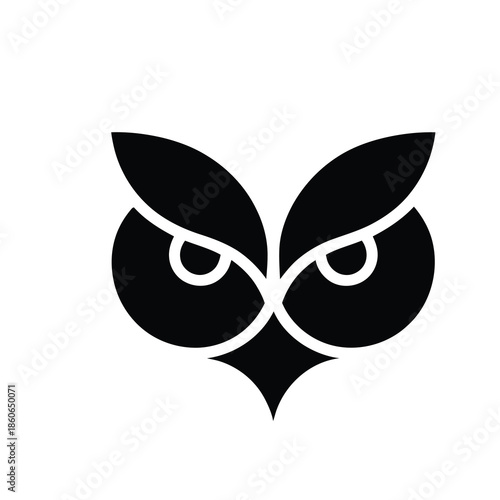 A minimalist black silhouette of an owl's face with sharp, angular features and piercing eyes on a white background.