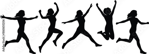 Running silhouette sequence, dynamic motion, jumping poses, athletic figure, black artwork, white background, physical activity, movement study, action illustration, energy
