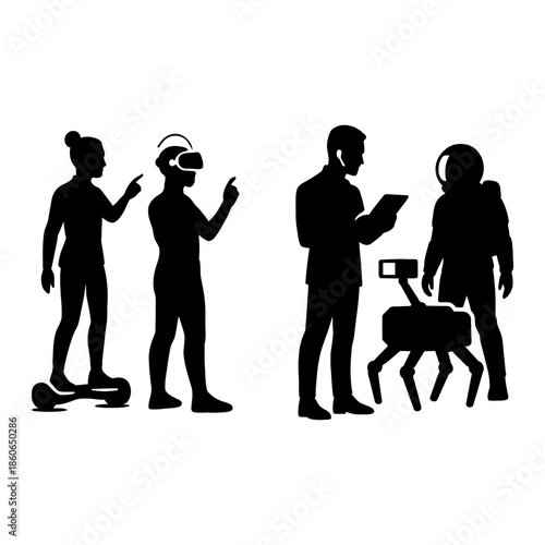 Future technology human evolution silhouette set with robots and virtual reality
