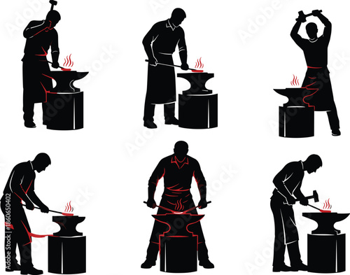Set of blacksmith silhouettes forging hot metal on anvil, traditional smith working poses with hammer, isolated black figures on white background