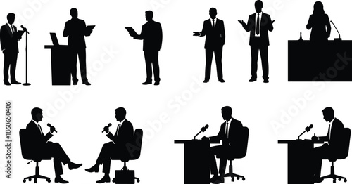 Set of business people silhouettes giving speeches and interviews, professional presenters at podium and desk, isolated black figures on white background