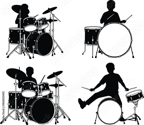 Set of drummer silhouettes playing drum kits, energetic percussion performance poses with sticks, isolated black musician figures on white background