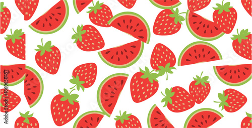 Seamless repeating pattern featuring vibrant red strawberries and slices of juicy watermelon scattered across a clean bright white background evoking summer fun
