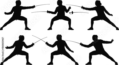 Set of fencing athlete silhouettes in action poses, sword fighting techniques and duel movements, isolated black sport figures on white background
