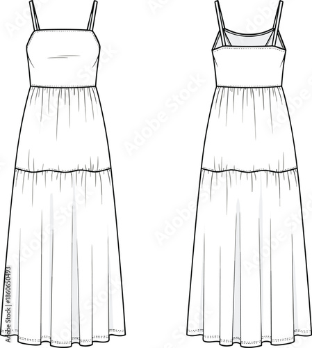 Women spaghetti strap maxi dress technical fashion illustration with front and back views, tiered skirt, lightweight summer apparel flat sketch
