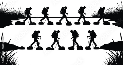 Set of hiker silhouettes crossing river on stepping stones, trekking with backpacks and poles, outdoor adventure sequence, isolated black figures on white background
