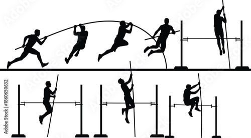 Set of pole vault athlete silhouettes showing jump phases, track and field sport action sequence, isolated black figures on white background