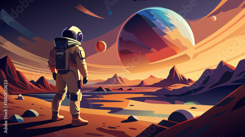 Very beautiful modern vector of a lone astronaut standing on an unknown planet, dramatic lighting and vast cosmic horizon expressing exploration and curiosity.
