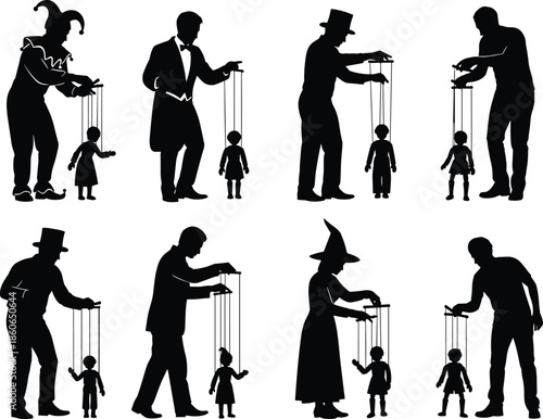 Set of puppeteer silhouettes controlling marionette dolls, puppet master characters performing manipulation poses, isolated black figures on white background