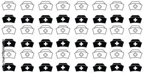 Seamless repeating pattern design featuring alternating rows of black and white nurse caps with a central white cross symbol perfect for medical themes.