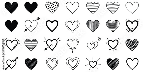 Collection of hand drawn heart icons showcasing various doodle styles perfect for romance design elements and Valentine’s day concepts illustrating love and affection