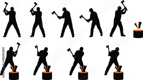 Set of woodcutter silhouettes chopping logs with axe, lumberjack working poses, isolated black human figures on white background