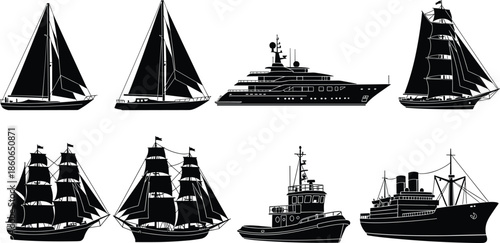 Ship and boat silhouettes collection, sailing yachts cruise ship cargo vessel marine transport set, nautical design, black icons isolated on white