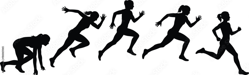 Fototapeta premium PrintSilhouette of runner in motion, sprint sequence, athletic training, black white illustration, fitness movement, speed posture, dynamic running form