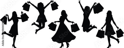 Silhouette of joyful women shopping, holding bags, jumping with excitement, retail therapy, fashion sale, consumer happiness, black white illustration