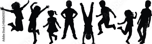Silhouette of playful children jumping, running, handstand pose, energetic movement, black white illustration, kids activity, childhood fun, outdoor joy