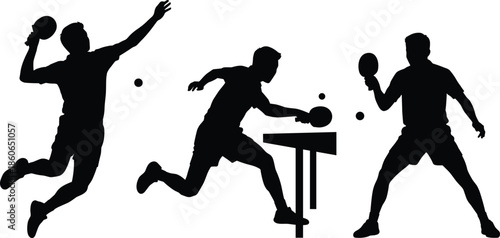 Silhouette of table tennis players in action, dynamic poses, black white illustration, sports movement, ping pong gameplay, athletic energy