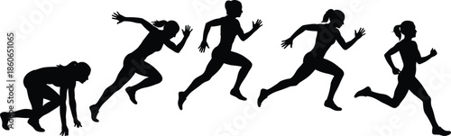 PrintSilhouette of runner in motion, sprint sequence, athletic training, black white illustration, fitness movement, speed posture, dynamic running form