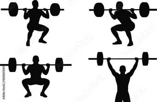 Silhouette of weightlifting poses, barbell exercises, squats and overhead press, black white illustration, fitness workout, gym training concept