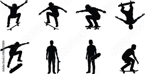 Skateboarder silhouettes action tricks skateboarding urban sport youth lifestyle isolated black white illustration extreme motion concept