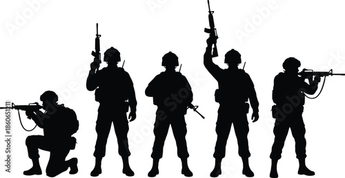 Soldier, silhouette, military, rifle, gear, helmet, backpack, kneeling, standing, aiming, armed, tactical, combat, defense, action, pose, weapon, readiness, war, patrol, mission