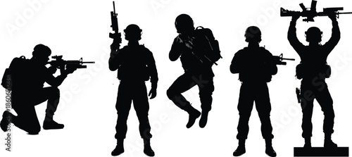 PrintSpecial forces soldiers silhouettes armed military team tactical combat poses security defense isolated black white illustration army concept