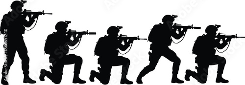 Special forces soldiers silhouettes aiming rifles in combat formation, military tactical teamwork, armed operation concept, black vector illustration isolated