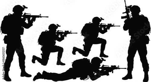Special forces soldiers silhouettes in tactical combat positions with rifles, military teamwork action poses, army operations black vector illustration isolated
