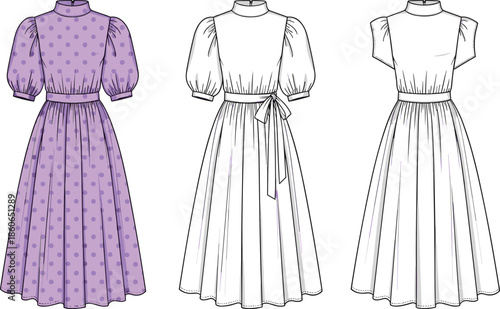 Women vintage midi dress technical fashion illustration with puff sleeves, wrap waist tie, polka dot pattern, front back color views