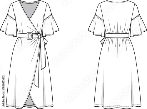 Women wrap dress technical fashion illustration showing front and back views with flutter sleeves, belted waist, elegant modern apparel sketch