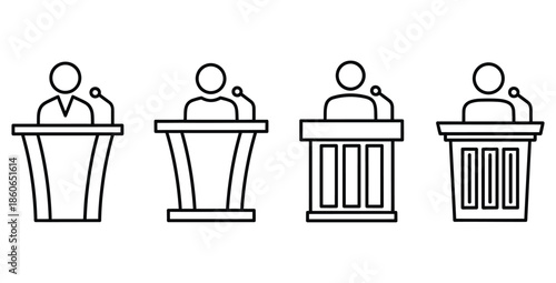 Collection of four distinct black outline icons depicting speakers or presenters standing behind different styles of podiums with microphones ready for public address or debate