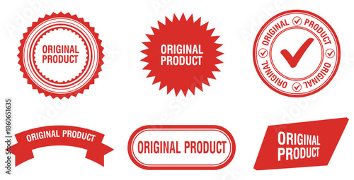 Collection of six distinct red graphic stamp seals and badges certifying an item as an authentic original product guarantee seal for consumer trust and quality assurance markings