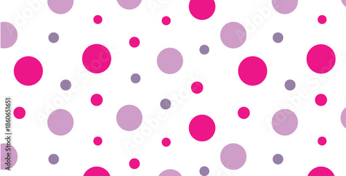 Seamless repeating pattern featuring scattered polka dots in vibrant fuchsia light purple and muted gray shades against a clean crisp white background offering a cheerful decorative graphic element