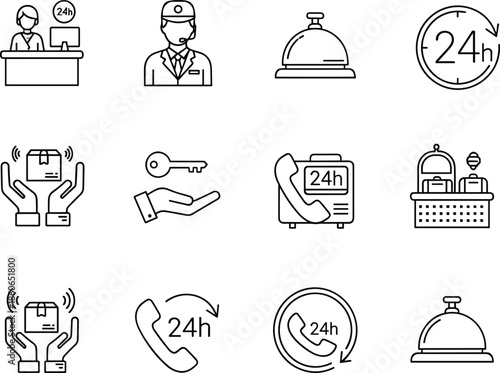 Hotel service icons set line art illustration with 24h support reception bell luggage delivery black vector outline hospitality travel booking