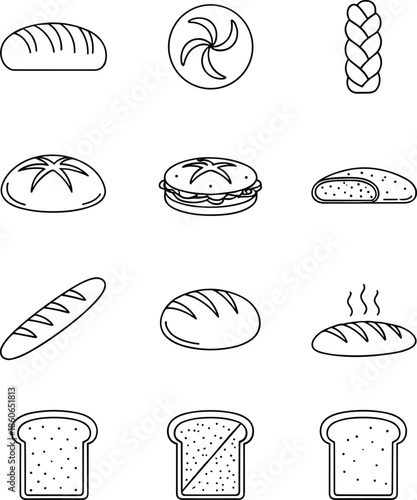 Bread and bakery icons set line art illustration assorted loaf bun baguette toast black white vector outline food design
