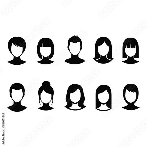 Collection of diverse black silhouette icons representing various hairstyles and people