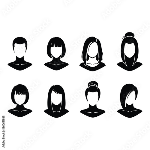 Diverse collection of black silhouette profile icons featuring different female hairstyles