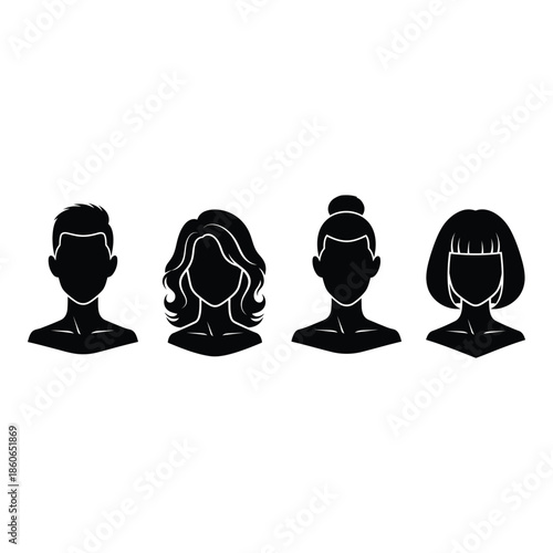 Four diverse profile silhouettes depicting different hairstyles and facial features