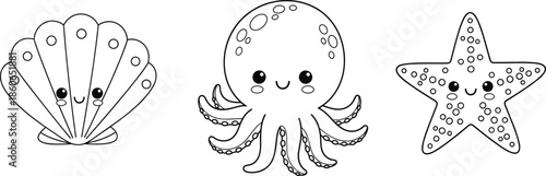 Cute ocean animals line art illustration set with smiling shell octopus starfish minimal black white vector design for kids coloring
