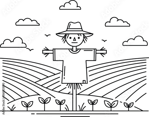 Scarecrow standing in agricultural field line art illustration rural farming landscape minimal vector design for harvest season concept background nature