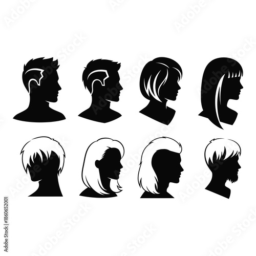 Collection of diverse black silhouette profiles depicting various hairstyles and faces