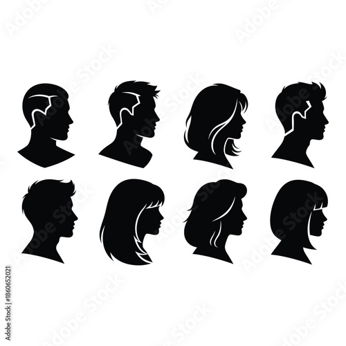 Diverse set of human profile silhouettes showcasing varying hairstyles and genders