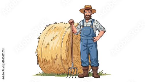 A smiling senior farmer wearing a hat stands in an agriculture field holding a wooden cart