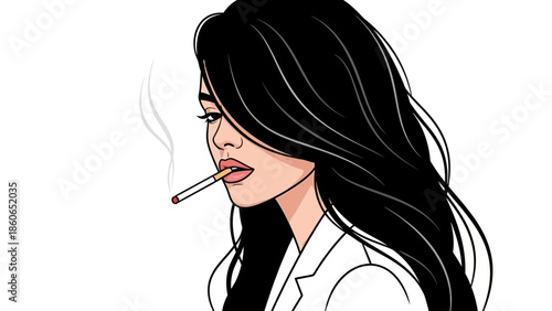 A smiling blonde businesswoman with glasses and a headset holds a cigarette while looking at the camera in this fashion closeup of a professional woman at work