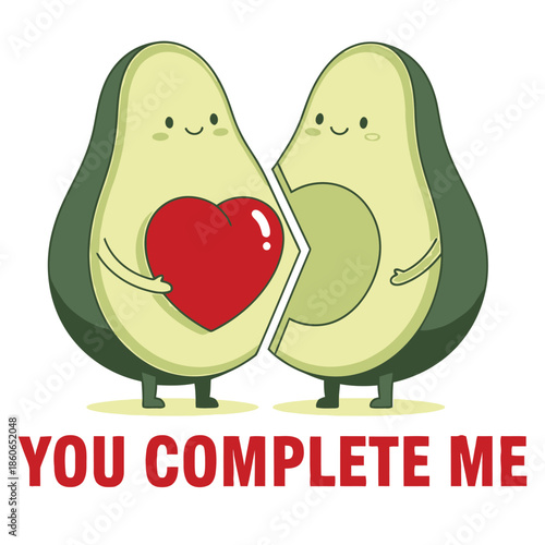 Cute cartoon avocado halves coming together to form one perfect piece holding a bright red heart symbolizing true love and companionship forever